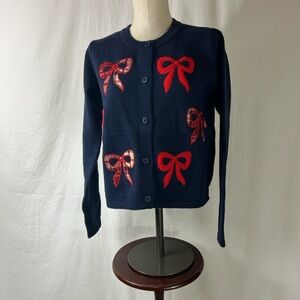 Women’s BoutiqueNavy Blue Cardigan with Red Bow Accents Size M NEW